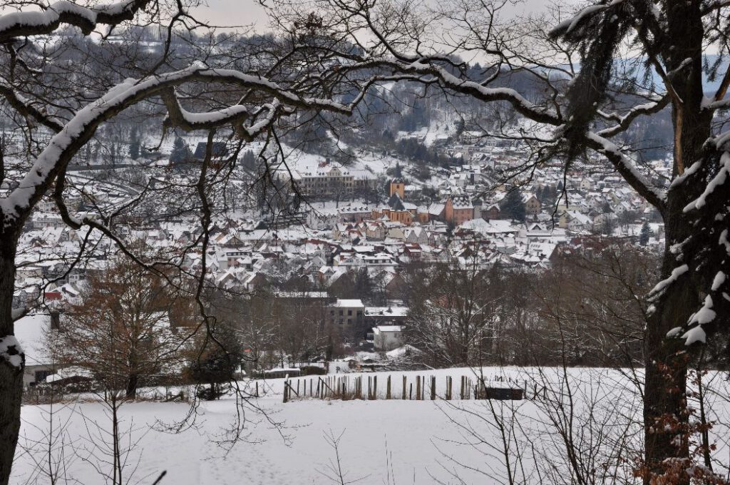 Bild von oben auf Bad Orb im Winter